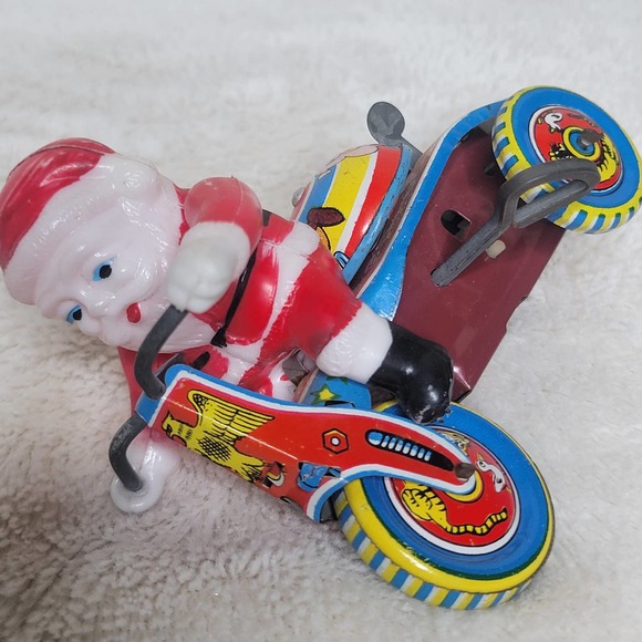 VTG Japan Mechanical WindUp Tin Celluloid Bell Toy Santa Bike Tricycle✨️WORKS - Picture 12 of 13